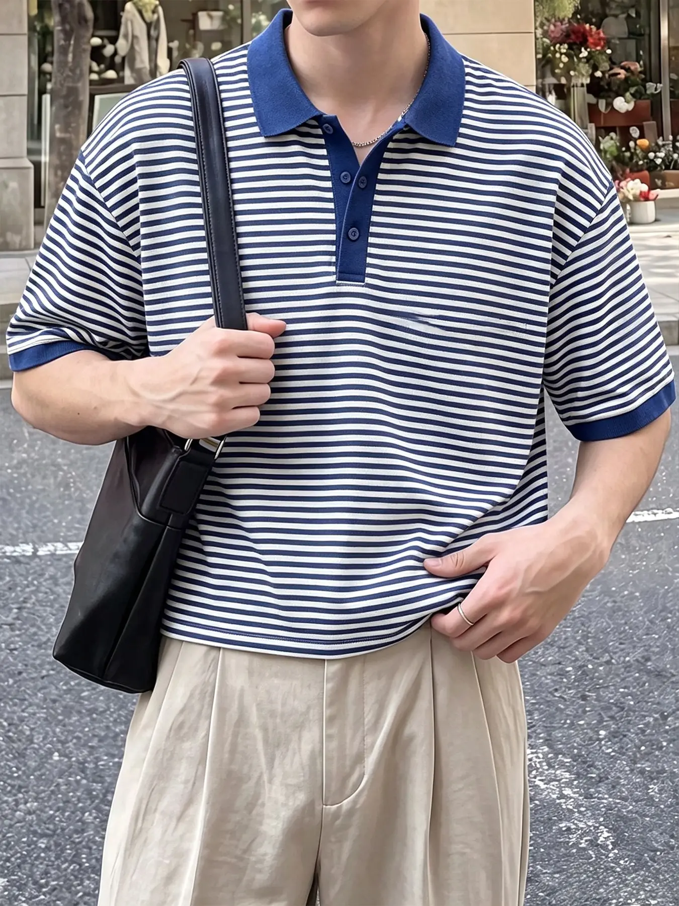 Unisex Retro Blue Horizontal Stripe Short Sleeve Polo Shirt, Colorblock Collar Loose Fit Daily Wear Top, Casual Fashion Apparel