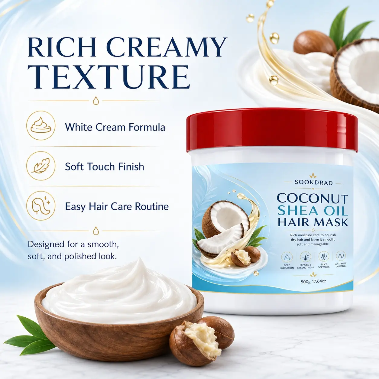 Coconut Shea Oil Hair Mask, coconut, shea oil, deep hydration, repair and strengthen, silky softness, anti-frizz control, for dry hair, 17.64oz, 500g