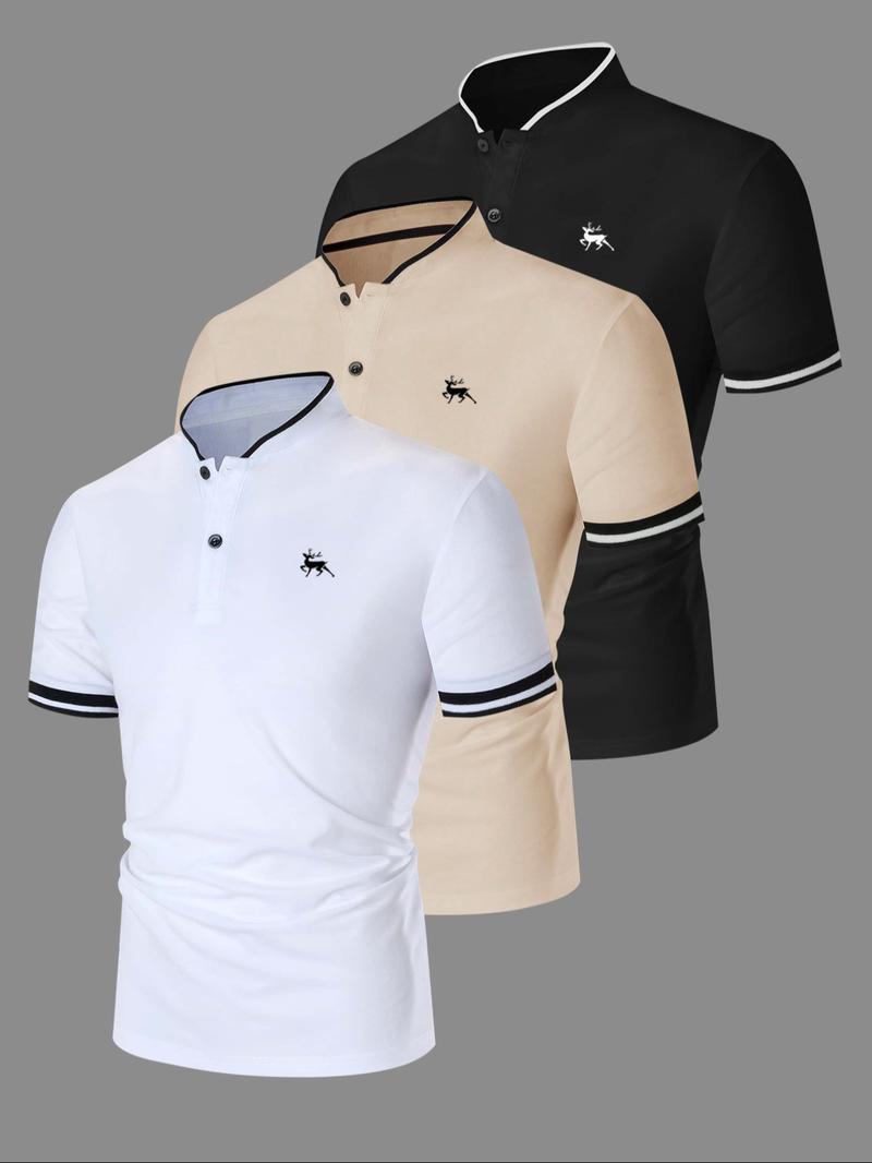Men's Regular Fit Contrast Trim Polo Shirt, Casual Short Sleeve Half Zip Top for Summer, Fashion Men's Clothes for Daily Wear, Gamis, Casual Sport Shirt