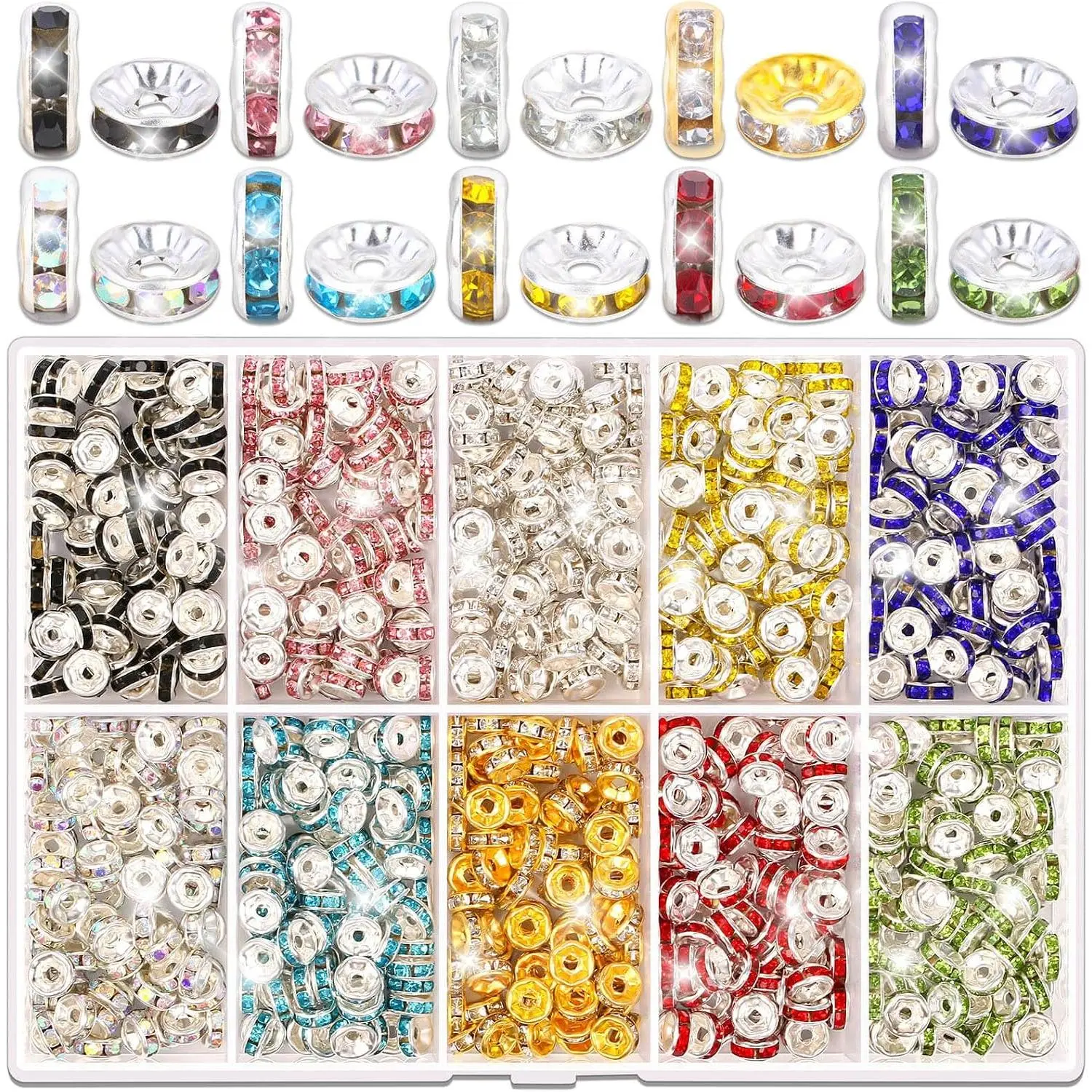 800 count Rondelle Spacer Beads for  Making, 6mm Rhinestone Spacer Beads for Beaded Pens,  Bead Spacers for  Making, Bracelets (10 Colors)