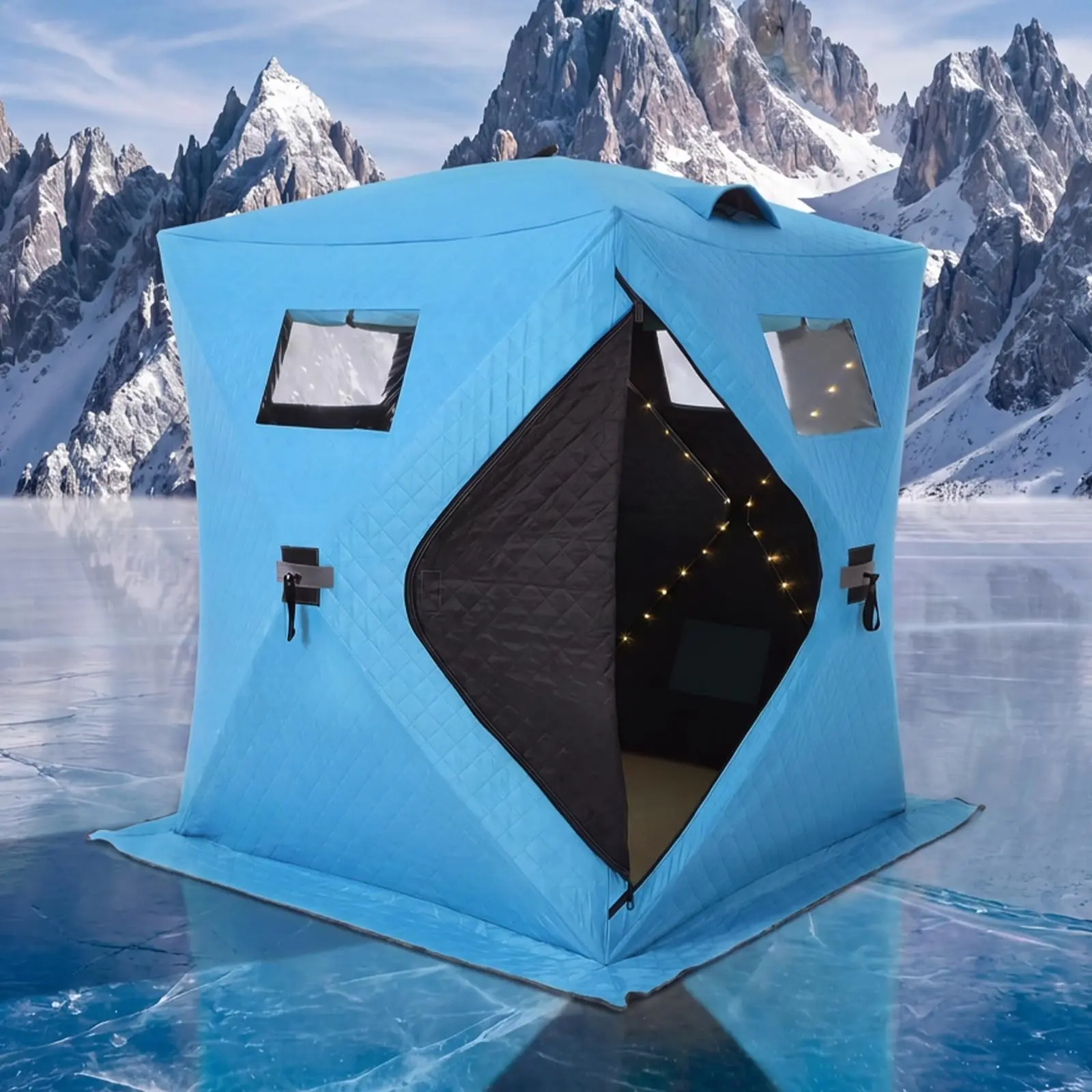 Insulated Pop-Up Hub Ice Fishing Tent Shelter with LED Light Strip (Battery Not Included), 210D Thermal Ice Shanty for 2-3 Person, 60 x 60 x 76.2 in - Blue/Red/Black, With Lightbox (Non-Electric Version)