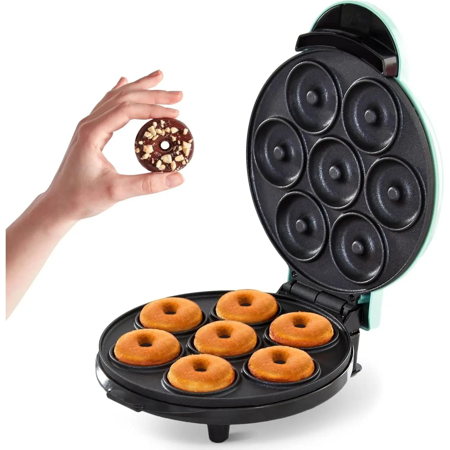 Express Mini Donut Maker, 7 Donuts, Aqua | Electric Doughnut Machine for Kids & Families, Nonstick, No Deep Frying, Homemade Breakfast, Snacks, Party Treats & Gifts