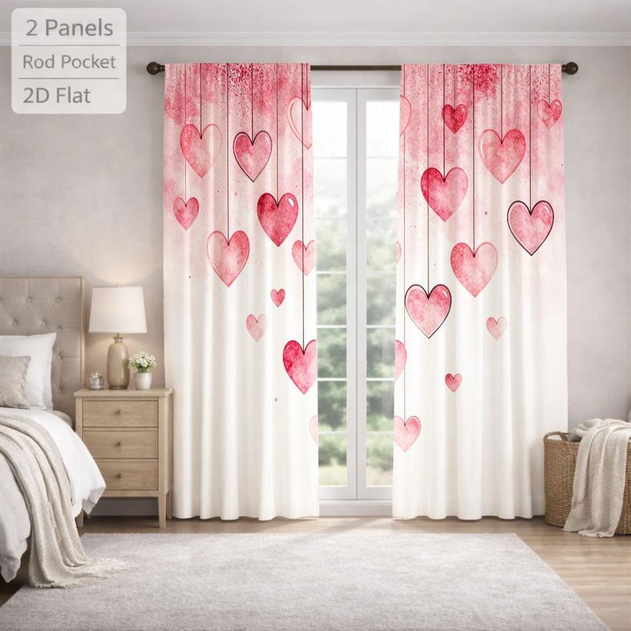 2Pcs Romantic Pink Heart Pattern Sun Blocking Curtains Digital Printed Rod Pocket, Window Treatment For Bedroom Office Kitchen Living Room Study Home Decor