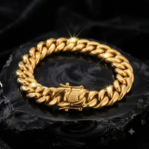18K Vacuum-gold Plated Hip Hop Jewelry Stainless Steel Miami Cuban Link Chain Bracelet Fashion Accessory Men Women unisex Monaco italy Mexico & Micro Promise chains for Husband Boyfriend Valentines Birthday Gift