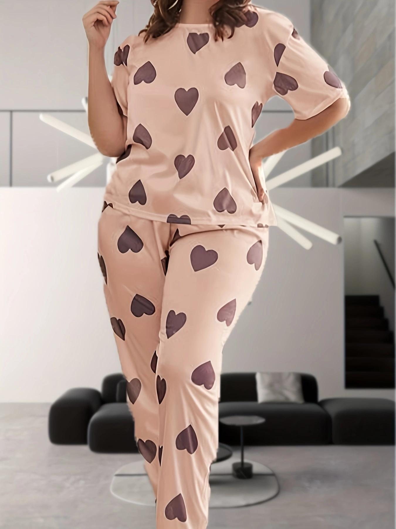 Plus Size Two-Piece Set Heart Print Drop Shoulder Tee & Elastic Waist Pants Pyjama Set, Casual Comfy Round Neck Short Sleeve T-shirt & Trousers Pj Set, Women's Sleepwear for All Seasons Valentine's Day, gift