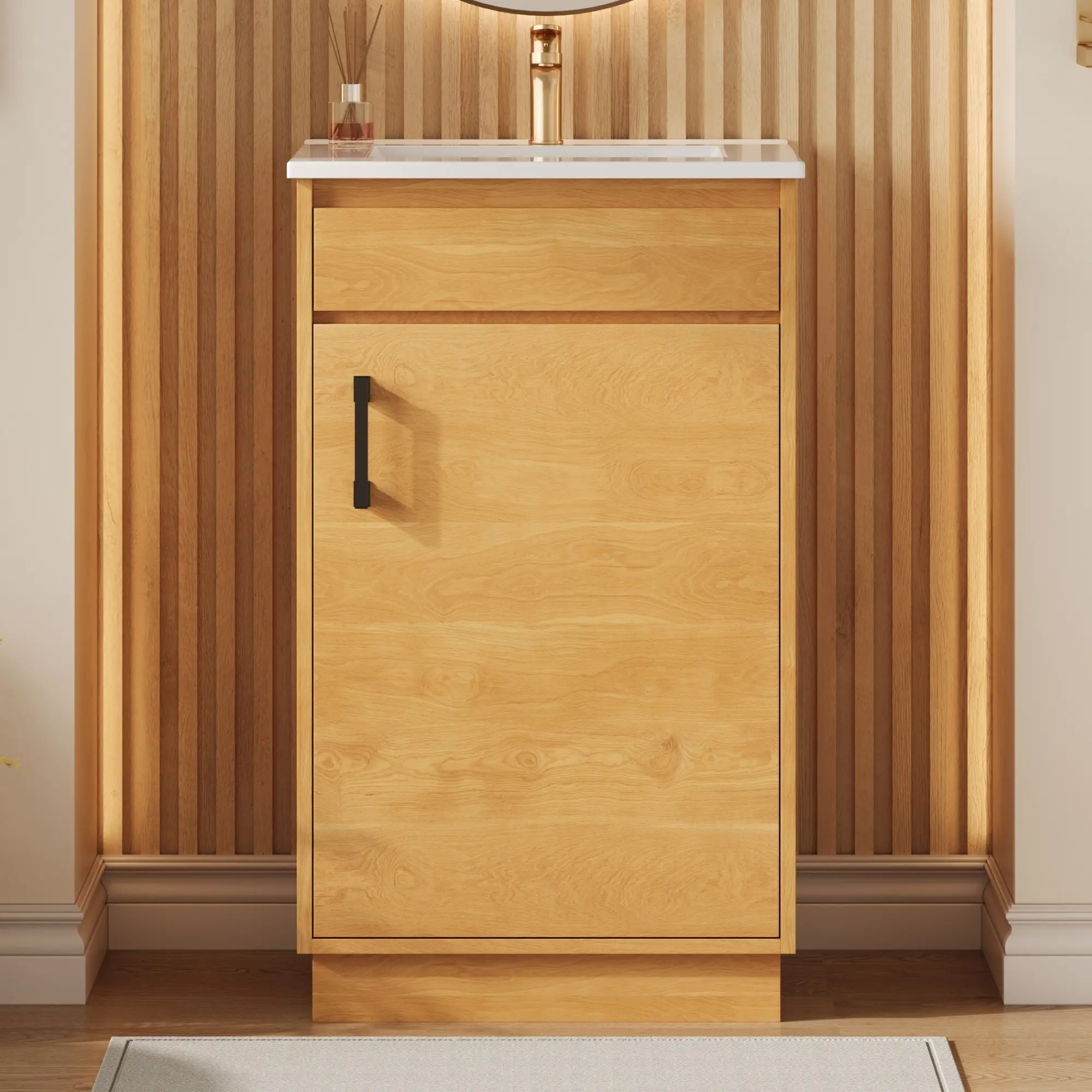 20-Inch Rustic Freestanding Wood Bathroom Vanity Cabinet - Indoor Furniture with Ceramic Sink, Soft-Close Door, Adjustable Shelf, Natural Finish, Single Basin Floor Storage Unit for Small Bathroom, Powder Room, 20 Inches