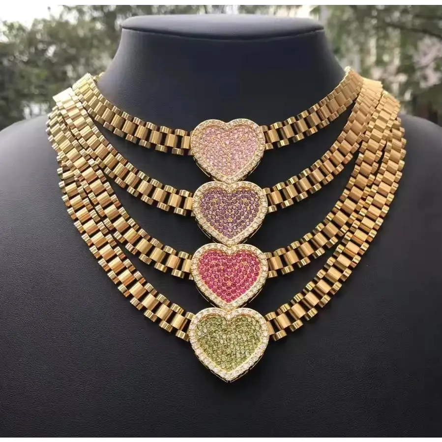 Customized Stainless Steel Nugget Rollie Chain Necklace with 12-Month Birthstone Zircon CZ Heart Frame Pendant, Classic Simple Style Fashion Costume Jewelry hip hop jewelry men jewelry gift woman colorfast waterproof glam vintage set Secure Cuban Link