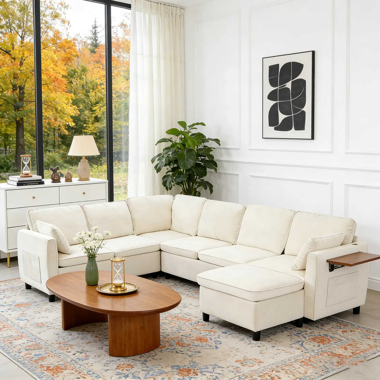 116" U-Shaped Modular Sectional Sleeper Sofa with Pull-Out Bed & Ottoman - Comfy Chenille Cloud Couch for Living Room - Charging Port, Convertible Side Table - 7-Seater - Gray/Beige