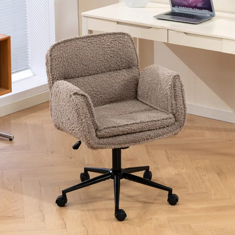 Brown Teddy Fleece Ergonomic Office Armchair - Home Office Furniture, Comfy Single Seat Computer Chair with 5-Level Adjustable Armrests, Swivel Base, Wheels, Thick Padded Backrest for Bedroom
