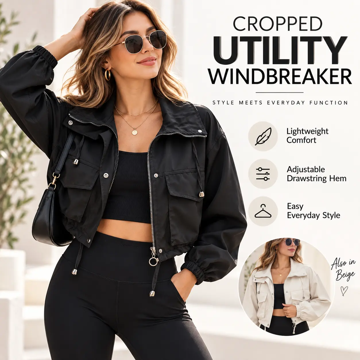Women's Cropped Utility Jacket, Lightweight Zip Up Windbreaker for Women, Oversized Casual Streetwear Coat with Stand Collar, Cargo Pockets, Elastic Cuffs & Adjustable Drawstring Hem, Trendy Spring Fall Travel Everyday Outerwear Black/Beige Fall 2026