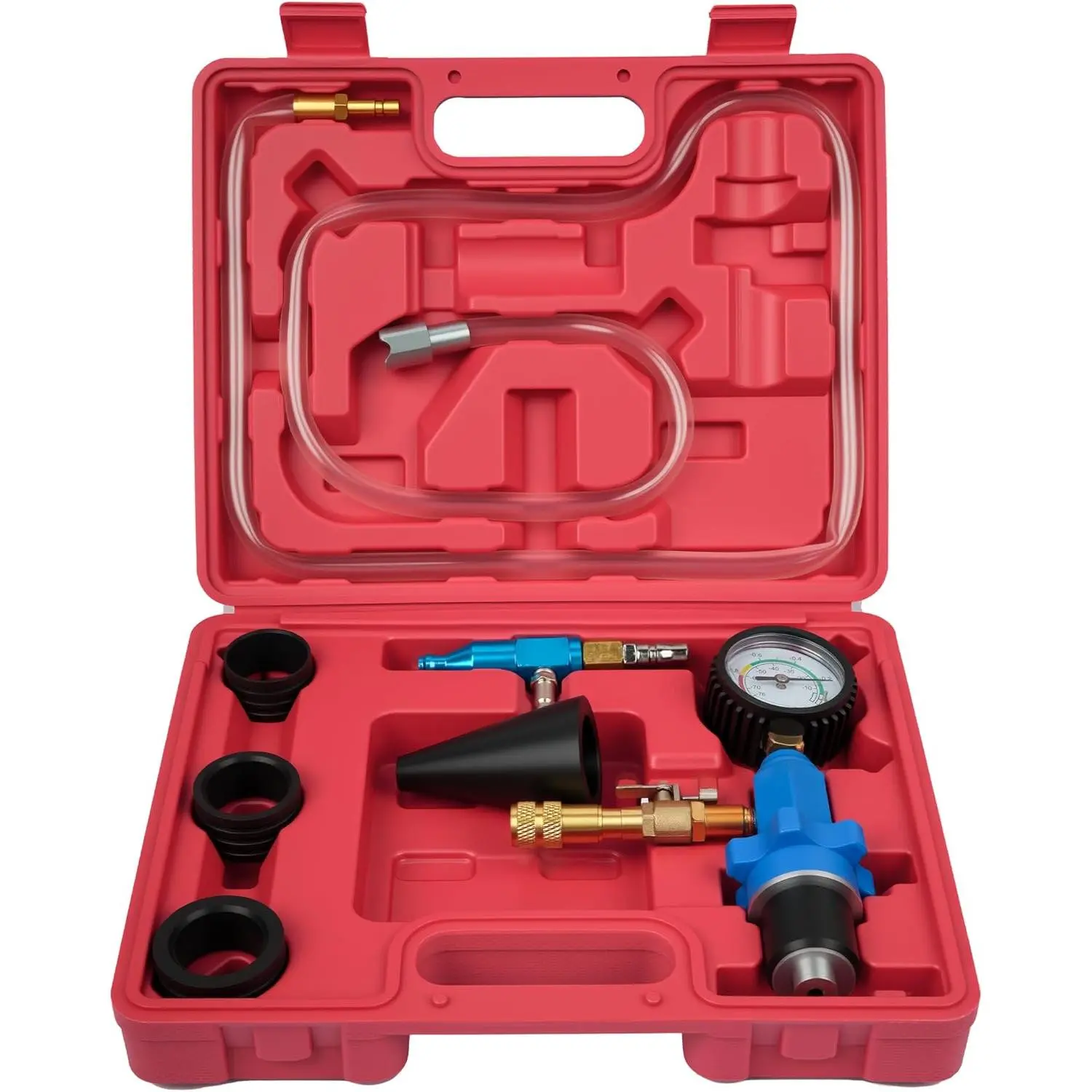 GJANSH Cooling System Vacuum Purge Radiator Coolant Refill Tool Kit, Automotive Water Tank Pneumatic Vacuum Antifreeze Change Filler Set with 4 Sizes Adapter Hose for Car Van SUV Truck