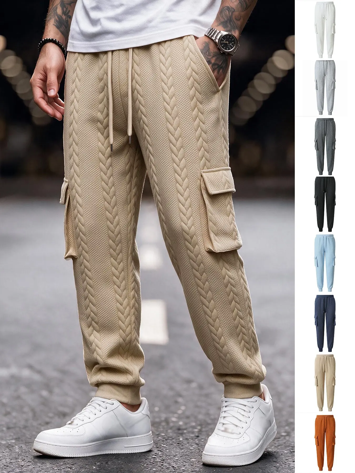 Men's Cargo Jogger Pants, Textured Jacquard Drawstring Sweatpants with Multi Pockets, Tapered Cuffed Casual Trousers for All Season Daily Wear, Streetwear, Commute and Outdoor, Essential for Man's Wardrobe