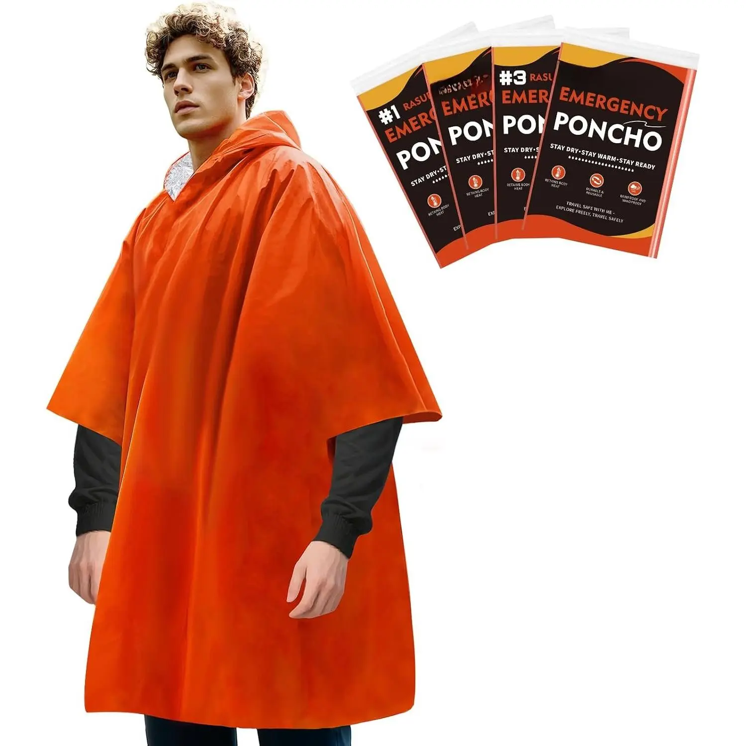 4 Pack  Ponchos with Thickened Mylar Blanket Lining, Windproof, , and Thermal Orange  Ponchos -  for Outdoor Rescue, Family Camping Gear,   Kits
