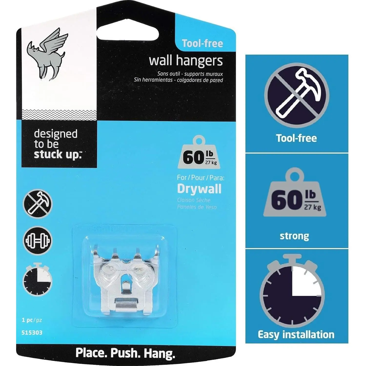515303 Picture Hanger Set, Easy Tool-Free Dry Wall Art Hangers for Large Artwork, Photos, and Mirrors, Holds up to 60lbs, Steel,