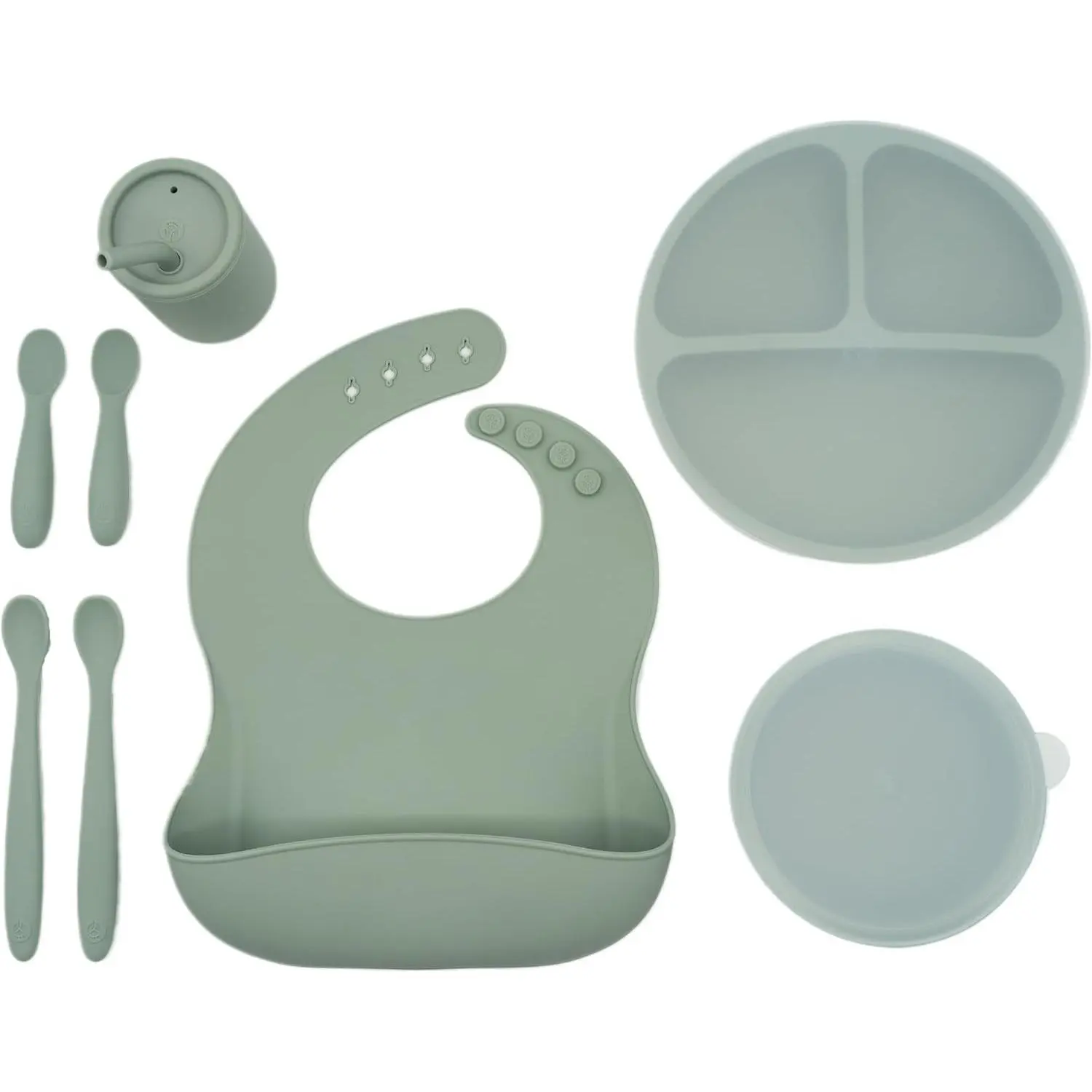 WeeSprout Baby Led Weaning Bundle, Silicone Suction Bowl, Spoons, Bib & Cup, Develops Self Feeding Skills, Dishwasher Safe (Green)