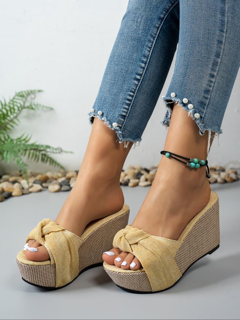 Women's Fashionable Bowknot Design Slippers, Casual Comfortable Wedge Sandals for Summer, Female All-match Round Toe Slide Sandals for Daily Wear, Walking Shoes