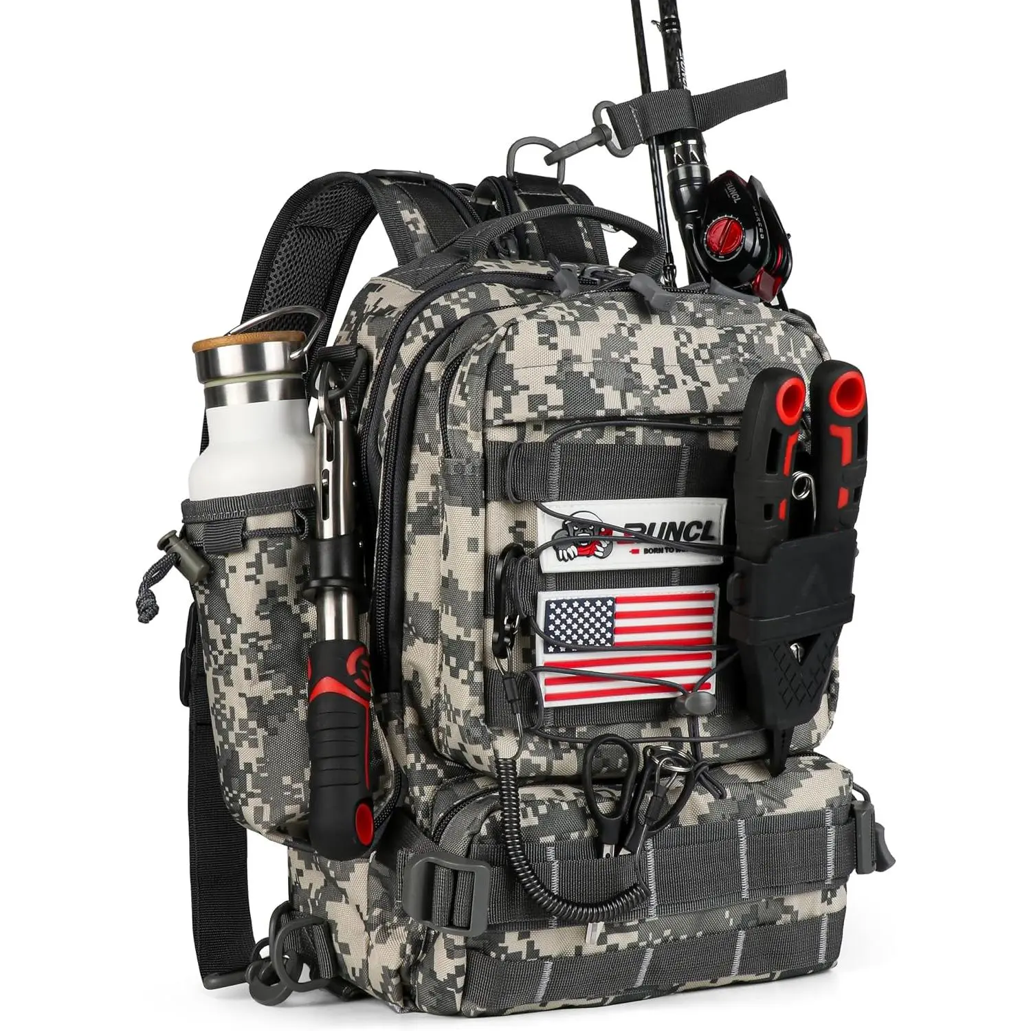 RUNCL Unisex Camouflage Outdoor Fishing Tackle Backpack - Multi-Pocket Utility Gear Bag with Rod Holders, Bottle Pocket