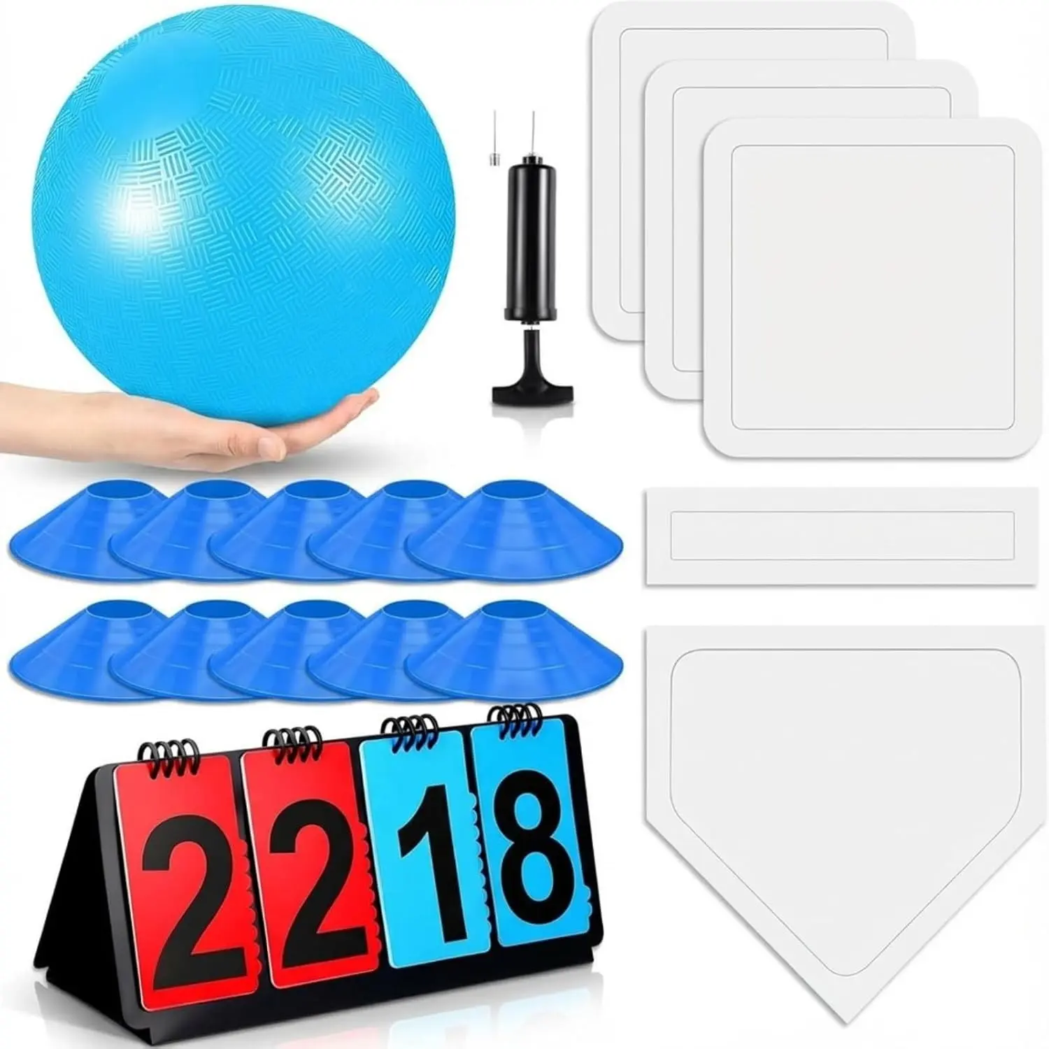 18 Pcs Sports Kickball Set Includes Playground Ball 5 Rubber Bases Ball Pump Scoreboard Net Bag 10 Foul Line Cones for Adults Backyard Playground Game (10 Inch, Blue)