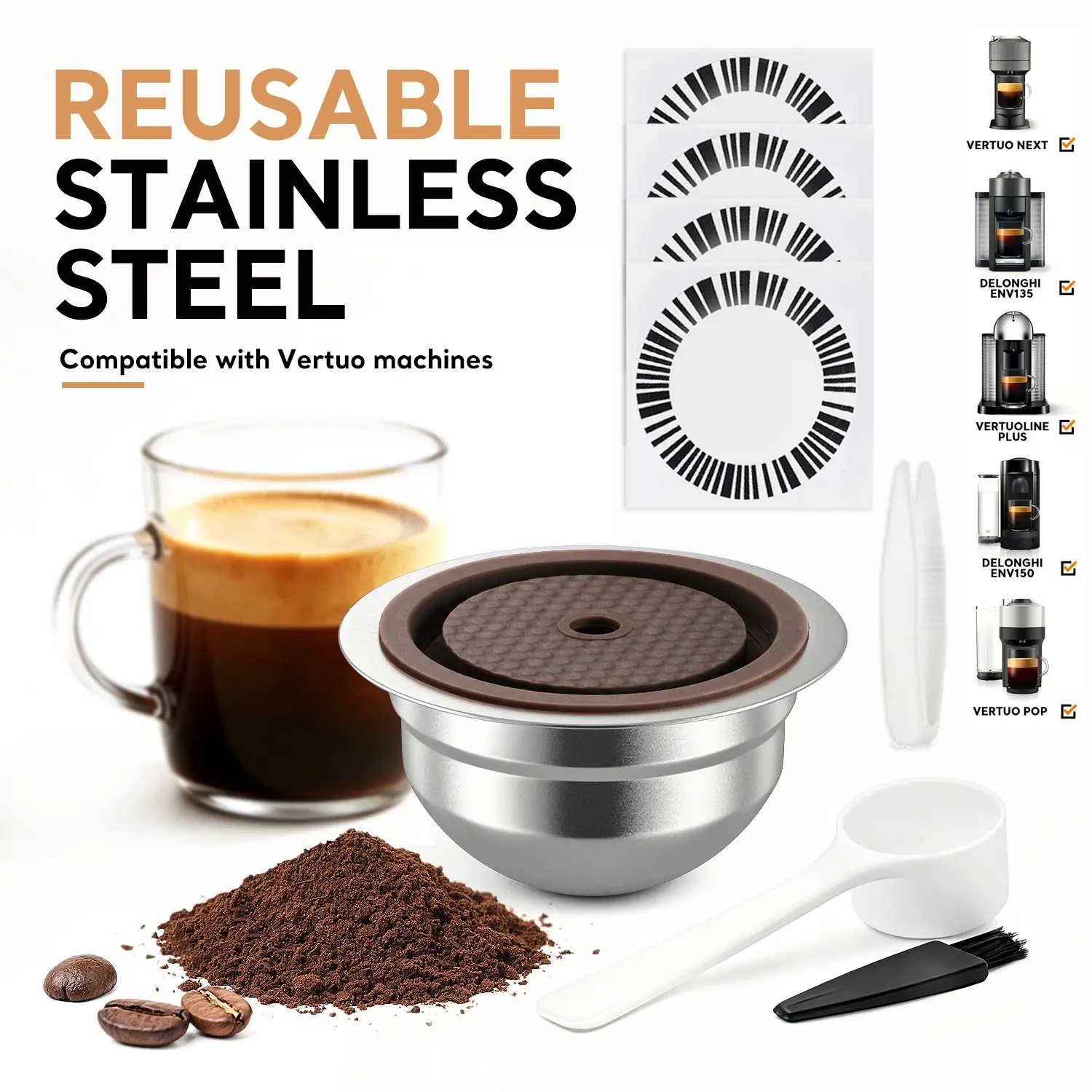 Reusable Stainless Steel Coffee Capsules, Compatible with Nespresso Vertuo Machines, Env150, Env135, Next, Pop, Gcat, Plus