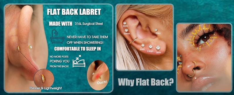 CASSIECA 14K Gold Filled Flat Back Nose Studs For Women Men Hypoallergenic Surgical Steel Nose Rings Hoops- Threadless Flat Back Earrings Helix Cartilage Tragus Conch CZ Stud Labret Lip Nostril Septum Ring Body Piercing Jewelry 20G 18G 16G