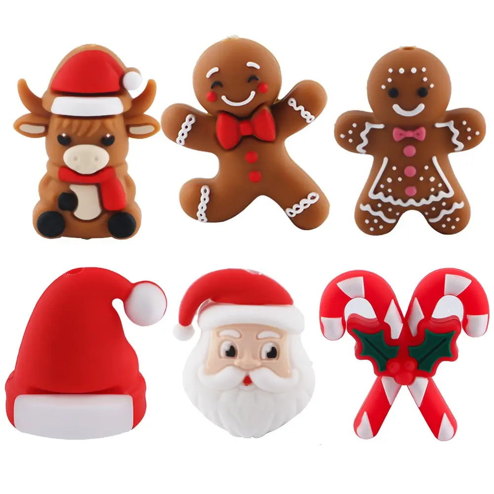 12pcs Christmas 3D Silicone Beads, Reindeer with Hat, Gingerbread Men, Santa Claus, Candy Cane, DIY Jewelry Making Accessories