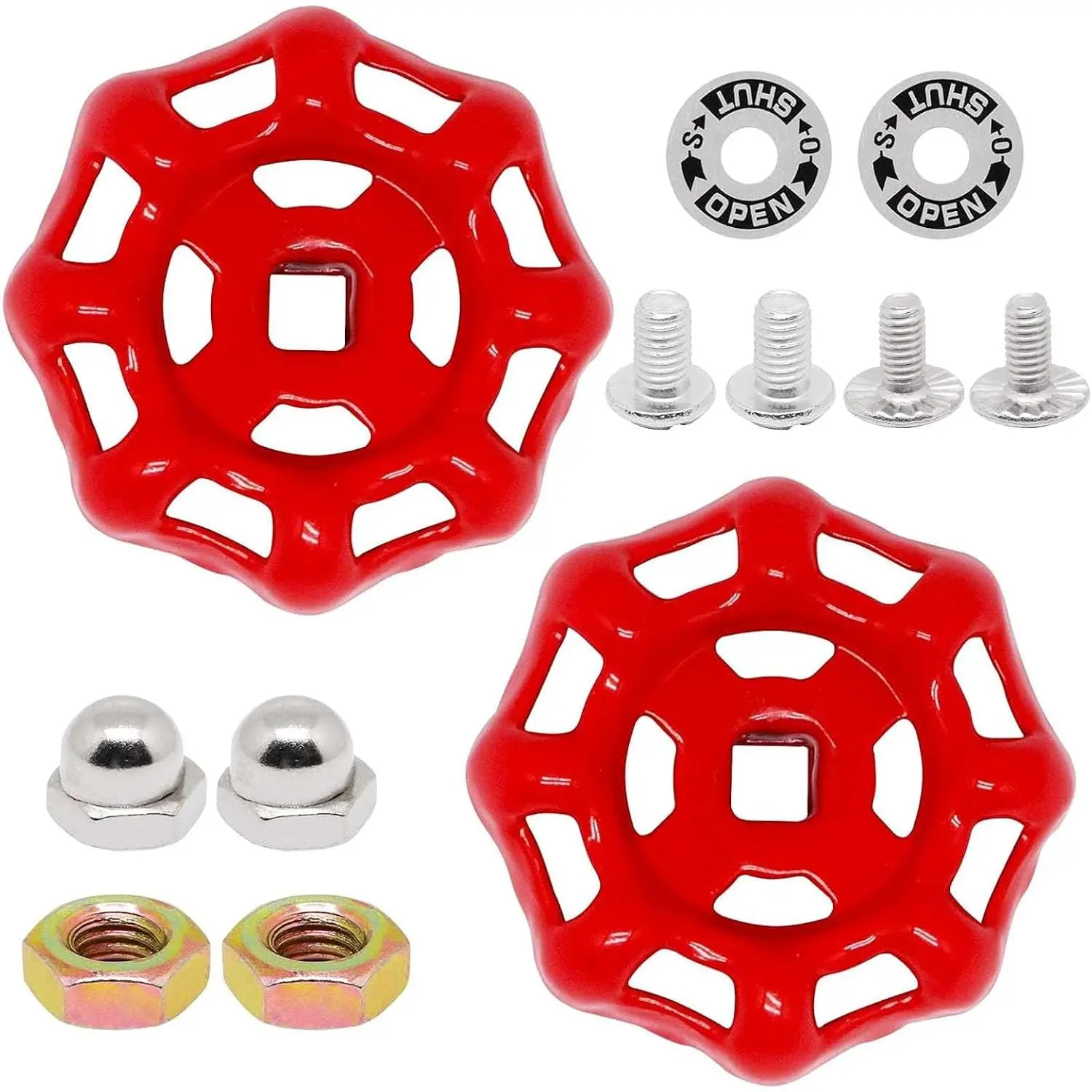 2 Pack Outdoor Faucet Handle, 6mm x 6mm (15/64" x 15/64") Square Stem Hole Faucet Handle , Cast Iron Round Wheel Water Spigot Handles  with Screws Spacer (Red)