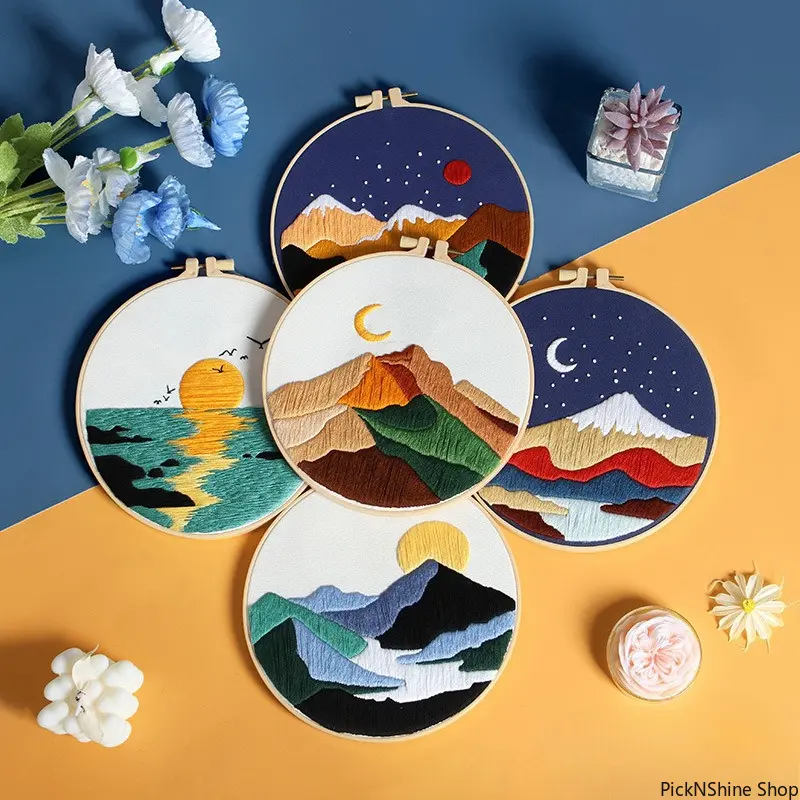 Beginner Cross Stitch Kit for Adults, Relaxing Mountain Landscape Wall Art DIY Set, Printed Fabric Craft for Nature Theme Home Wall Decor