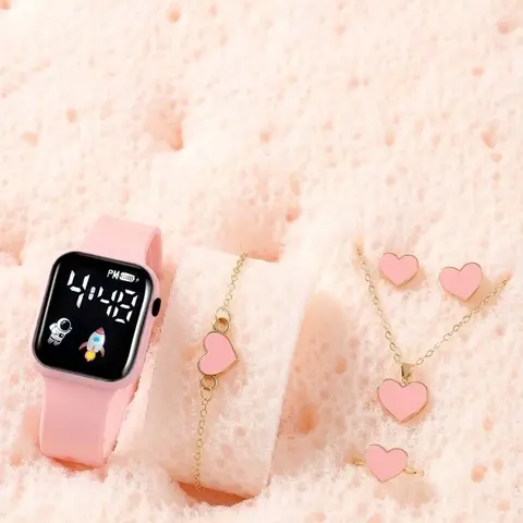 Fashion Digital Cute Watch Set with Belt & Bracelet, Heart-Shaped Earrings, Perfect Gift for Kids, Ideal for Christmas & Back-To-School Season