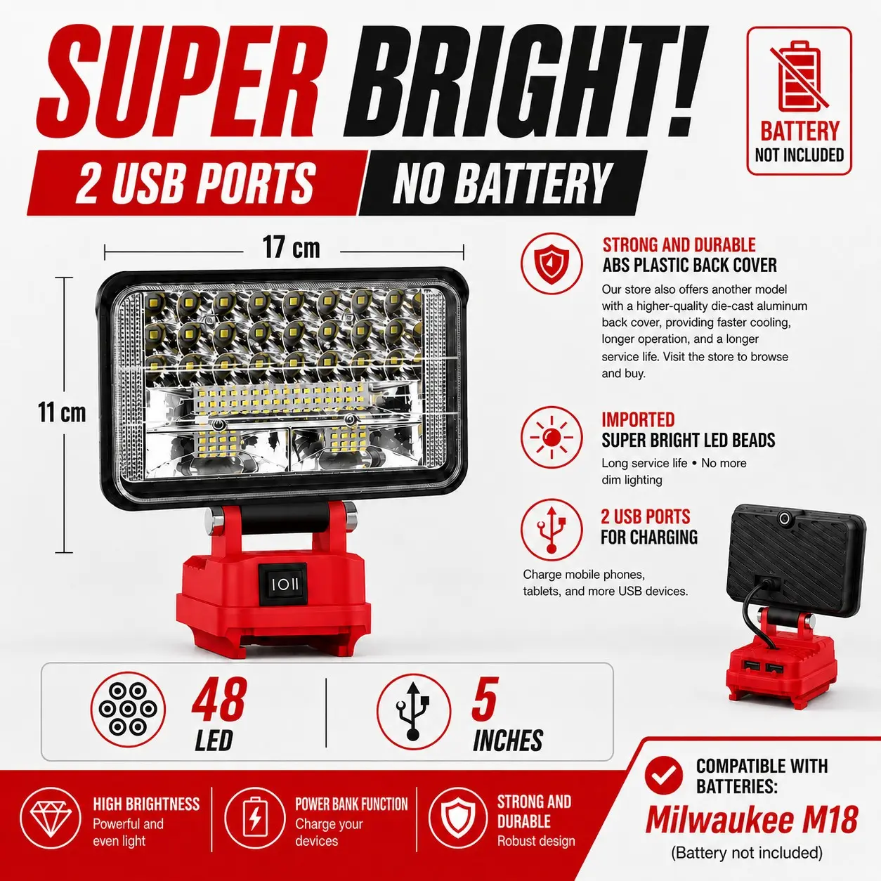Wireless LED Work Light for Milwaukee 18v Battery, 15w Wide Beam Flood Light, Dual USB Charging Ports, Portable Working Lights, Ideal for Emergency, Workshop, Garage
