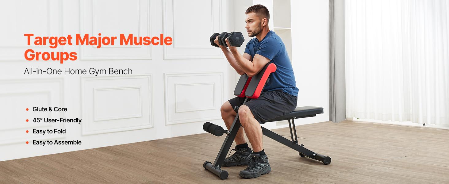 VEVOR Multi-Functional Weight Bench for Full Body Workout, Roman Chair Hyperextension Bench, 330 lbs Adjustable & Foldable Equipment for Back Arm Core Ab Workout, Sit Up Exercise Machine for Home Gym