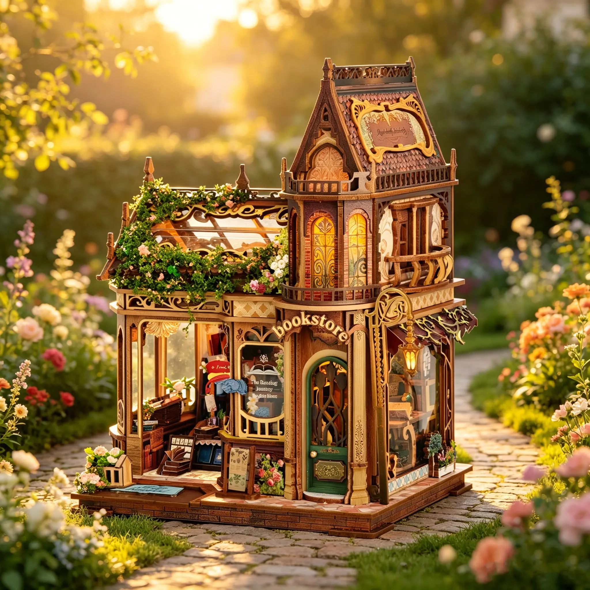 Vintage Wooden Dollhouse Flower Shop, Miniature Bookshelf Insert Decor, Ideal Gift for Craft Enthusiasts, Adult and Teen Model Kit, Exclusive Bookshelf Decoration, Doll House Accessory