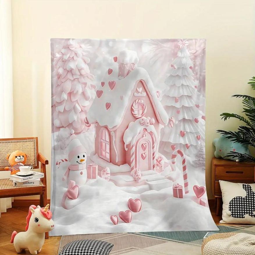 Cozy Pink Christmas Gingerbread House Reversible Flannel Fleece Throw Blanket - Cartoon Snowman Tree Pattern, All-Season Polyester Digital Print, Ideal For Bed/Couch, Decorative Giftable Cartoon Pattern Blanket, Decorative Giftable Blankets