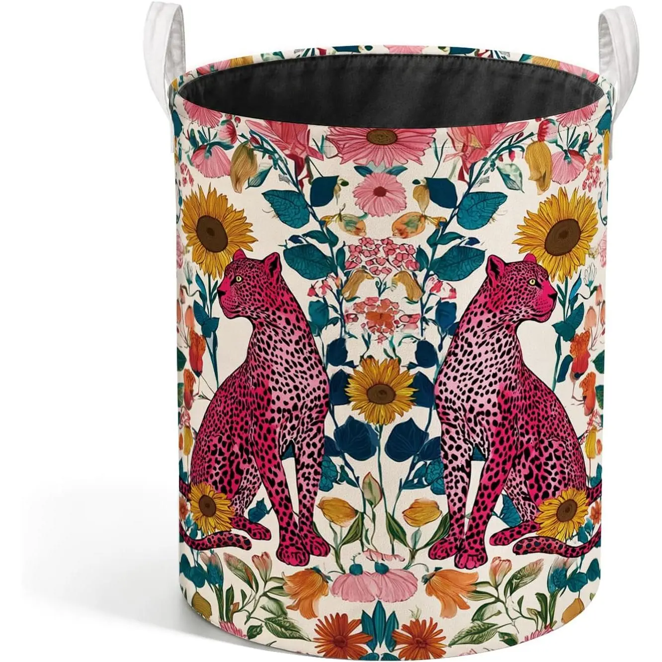 Boho Floral Leopard Farmhouse Round Laundry Basket - Hot Pink Waterproof Collapsible Bin with Handheld Handle, Medium Size Clothes Toys Organizer for Bedroom Bathroom