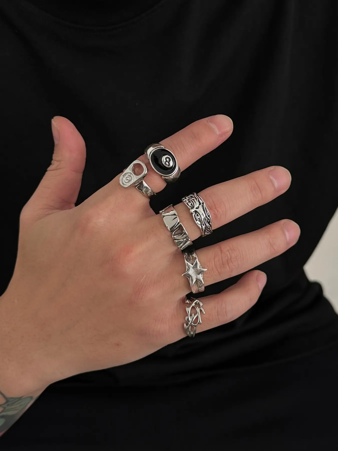 6 Pcs Vintage Silver Alloy Streetwear Rings, Star Vine Geometric Adjustable Open Ring, Unisex Punk Style Stackable Jewelry, Daily Wear Accessories