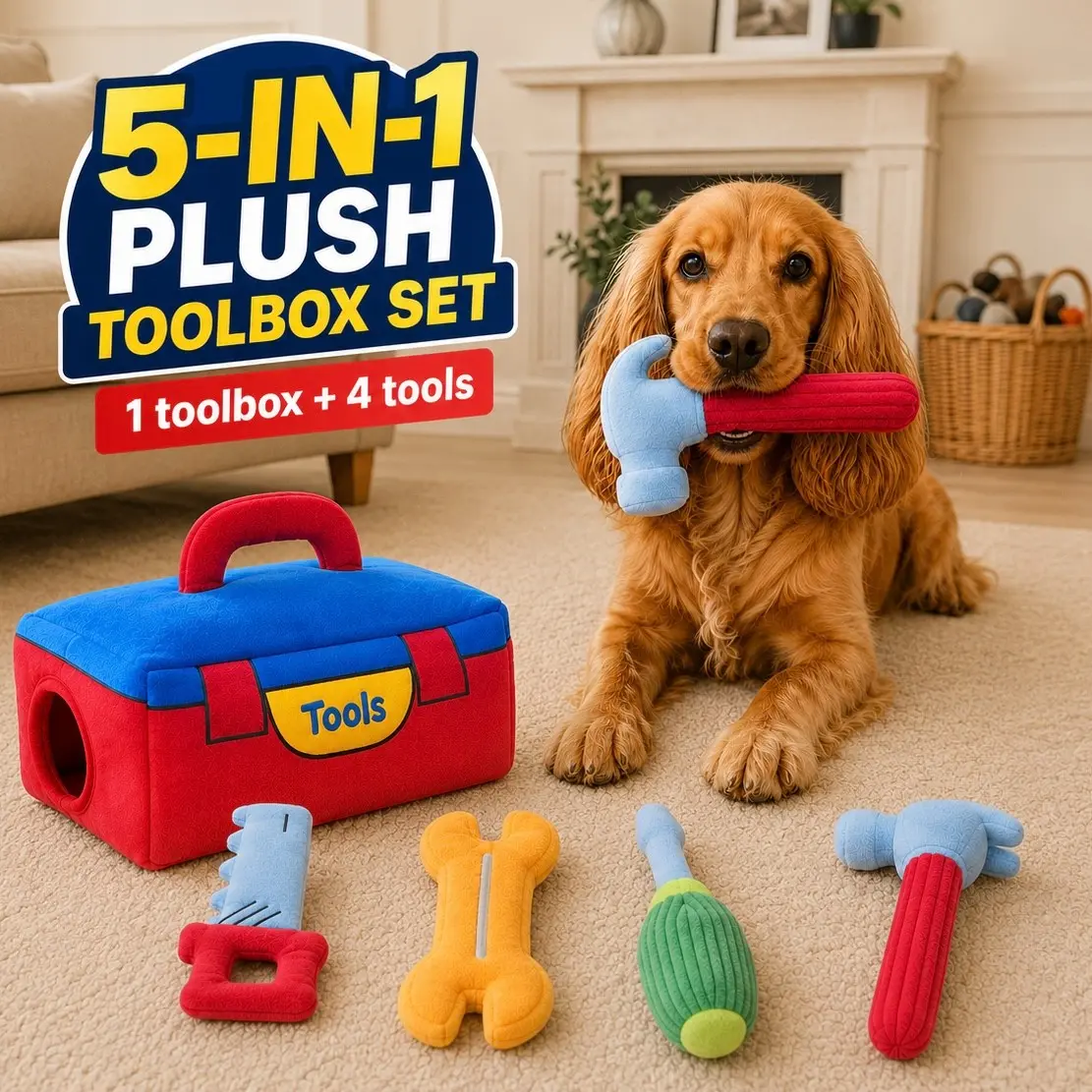 Five-In-One Plush Tool Box Dog Toy Set, Includes 4 Sound-Producing Toys, 5 Sounders & Crinkle Paper, Soft Interactive Toy for All Sizes