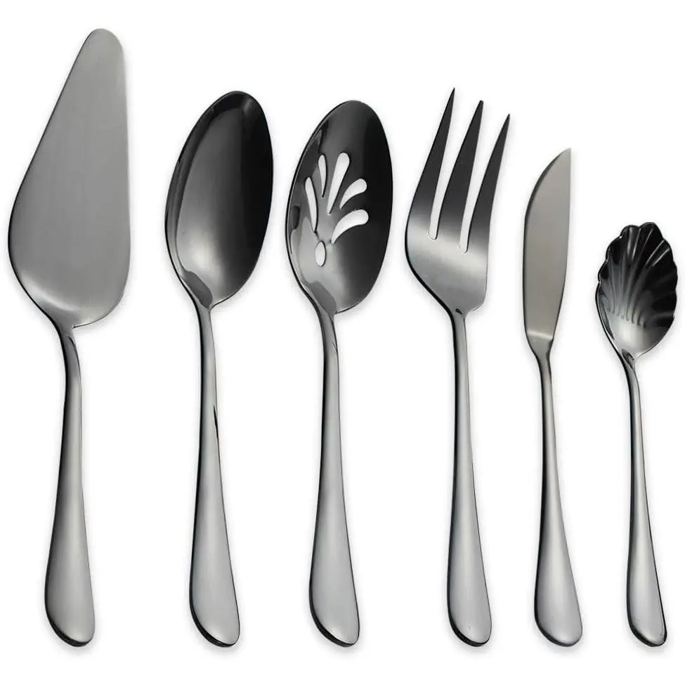Stainless Steel Black Titanium Plated Flatware Serving Set 6 count, 5 Serving Pieces of 45 count Flatware With 1 Cake Server, Serving Silverware Set (Shiny Black)