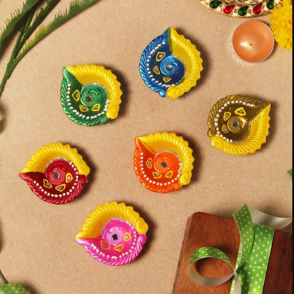 Terracoaat Set of 6 Multicolored Clay Diya for Diwali/Navratri Decorations Oil Lamp Diwali Clay Diya  Light Holder Indian Decor Festival Gifts Puja Items