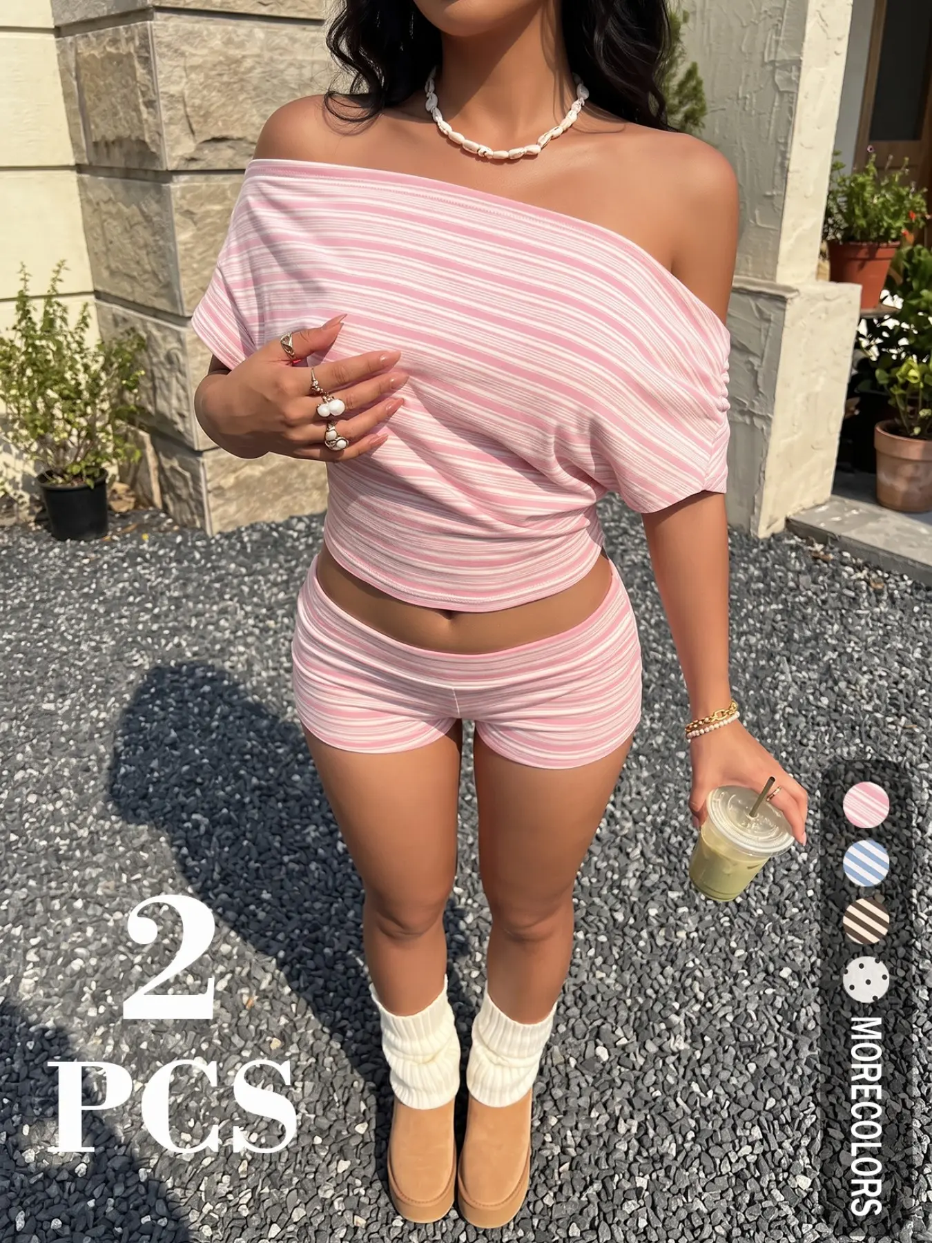 2 Piece Outfit Women Pink White Stripe Off Shoulder Short Sleeve Slim Crop Top, Soft Stretch Knit Low Waist Tight Hot Shorts Set, Matching Women Outfit For Summer Casual, Beach, Vacation And Street Style Casual Everyday Set