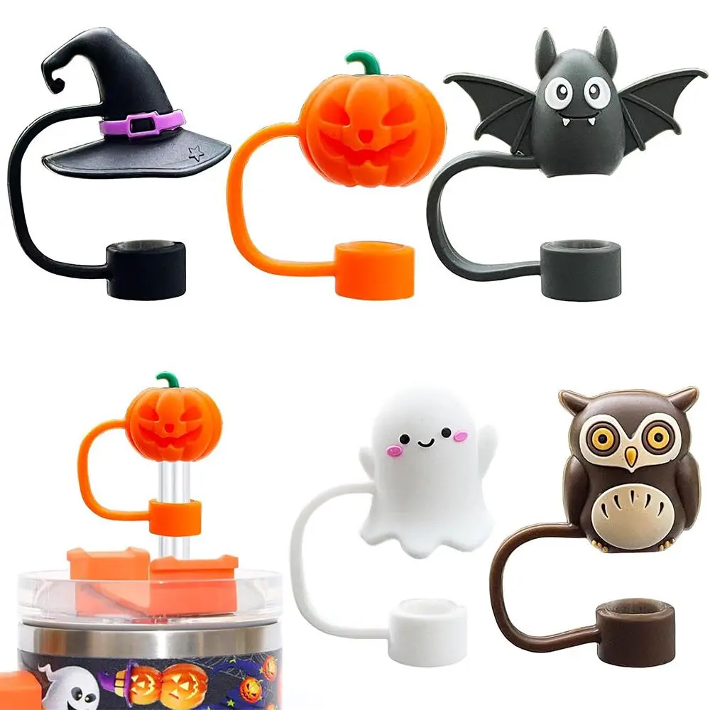 Pumpkin & Bat & Hat & Ghost & Owl Design Straw Cover Cap, 5 Counts Silicone Straw Topper, Dust-proof Reusable Straw Tips Lids for Holiday Gifts