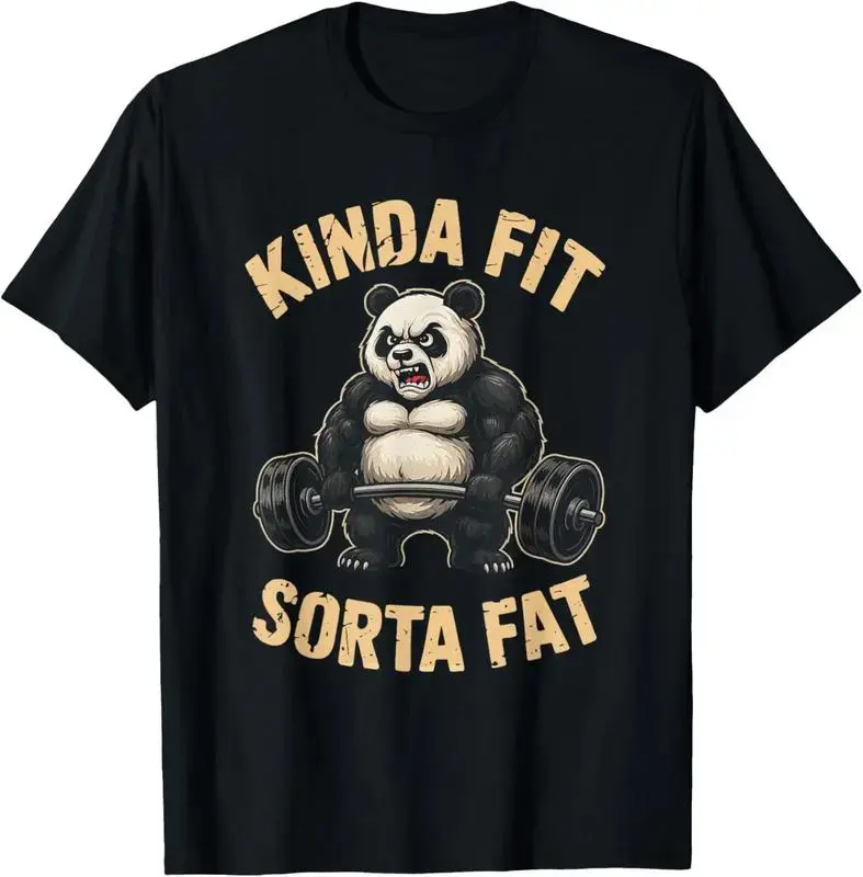Kinda Fit Sorta Fat Graphic T-Shirt, Sporty Chic Cotton Shortsleeve Streetwear Top with a Funny Panda Design for Gym Workouts, Tshirt