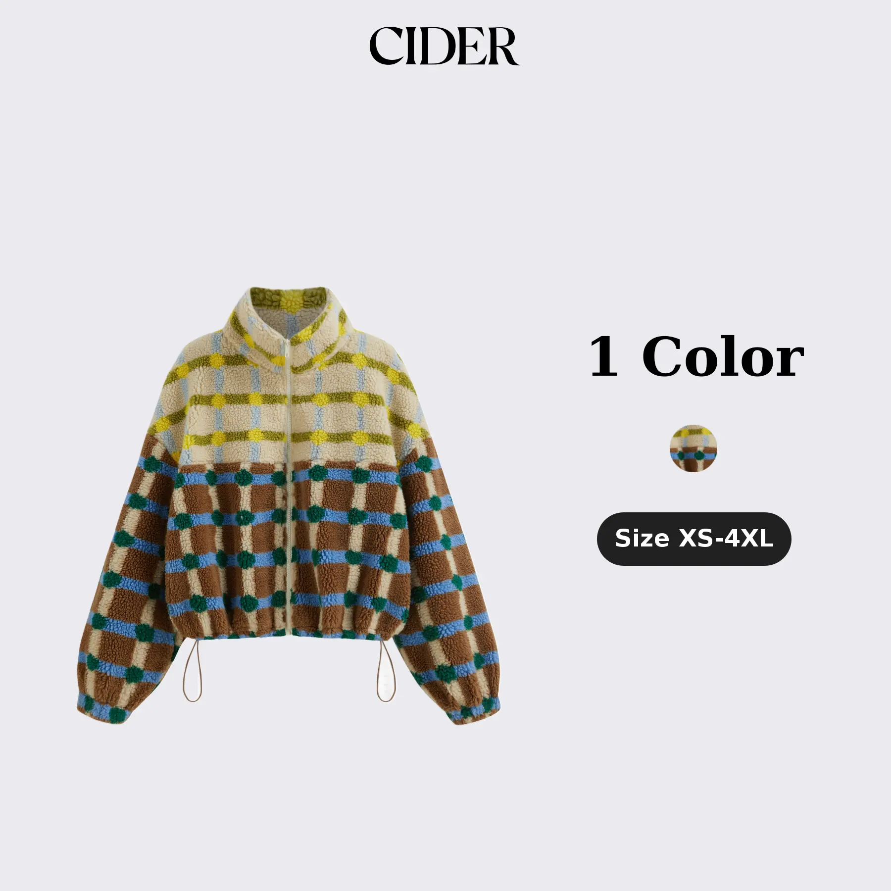 Cider Fleece High Neck Two Tone Checks Drawstring Oversized Jacket SohoChic