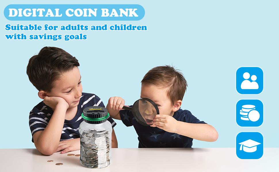 Large Piggy Banks for Adults, Digital Counting Money Jar, 1.8L Capacity Coin Counter Machine with LCD Counter, Change Jars for Saving for Boys, Designed for All US Coins