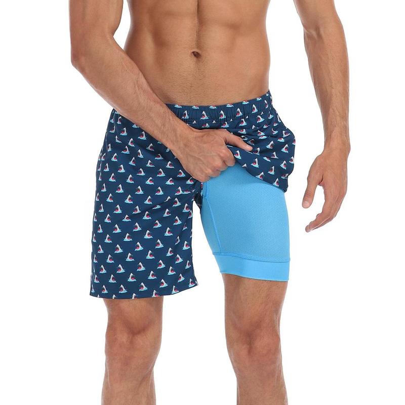 Mens Printed 7" Inseam Swim Trunks with Compression Liner Swimming Shorts,Beach Quick Dry Fabric Front Pockets & Adjustable Drawstring - Swimming Shorts