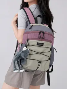 Dopamine Color Block Plaid Nylon Mini Casual Backpack for Women, Lightweight Outdoor Hiking Daypack, Front Elastic Strap, Frog Plush Charm