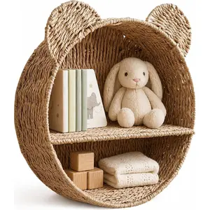 Woven Wall Basket Shelf Bear Nursery Decor - Boho Handwoven Hanging Wall Decor for Kids Room, Paper Rope Stuffed Animal Organizer, Baby Nursery Floating Shelf