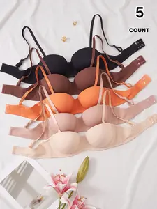 5-Pack Women's Push-Up Bras, Detachable Straps, Invisible Padded Liner, Solid Color Non-Slip Halter Backless Bra, Ideal for Daily Wear