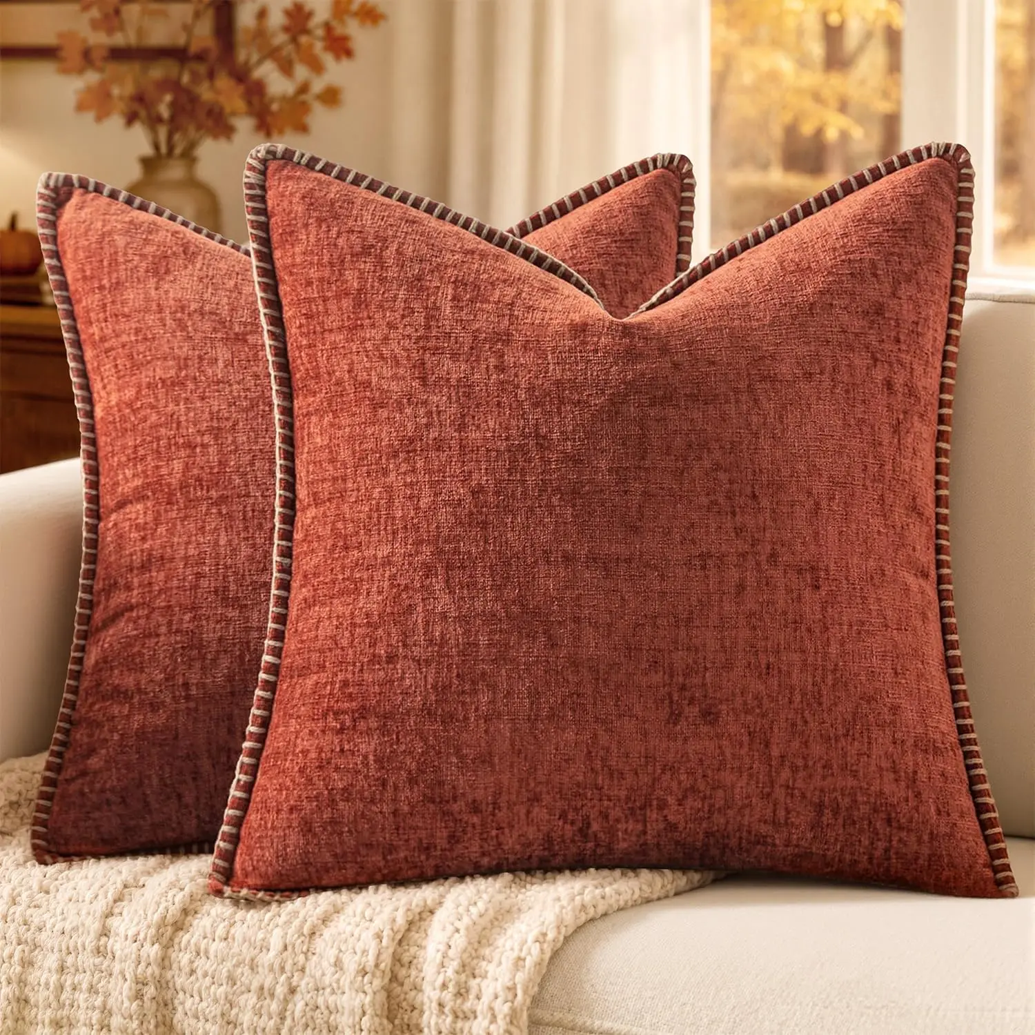 2-Pack 20x20 in Plain Burnt Orange Terracotta Farmhouse Couch Throw Pillow Covers, Stitched Edge Soft Cushions, Living Room Sofa Bed Home Decor Textiles