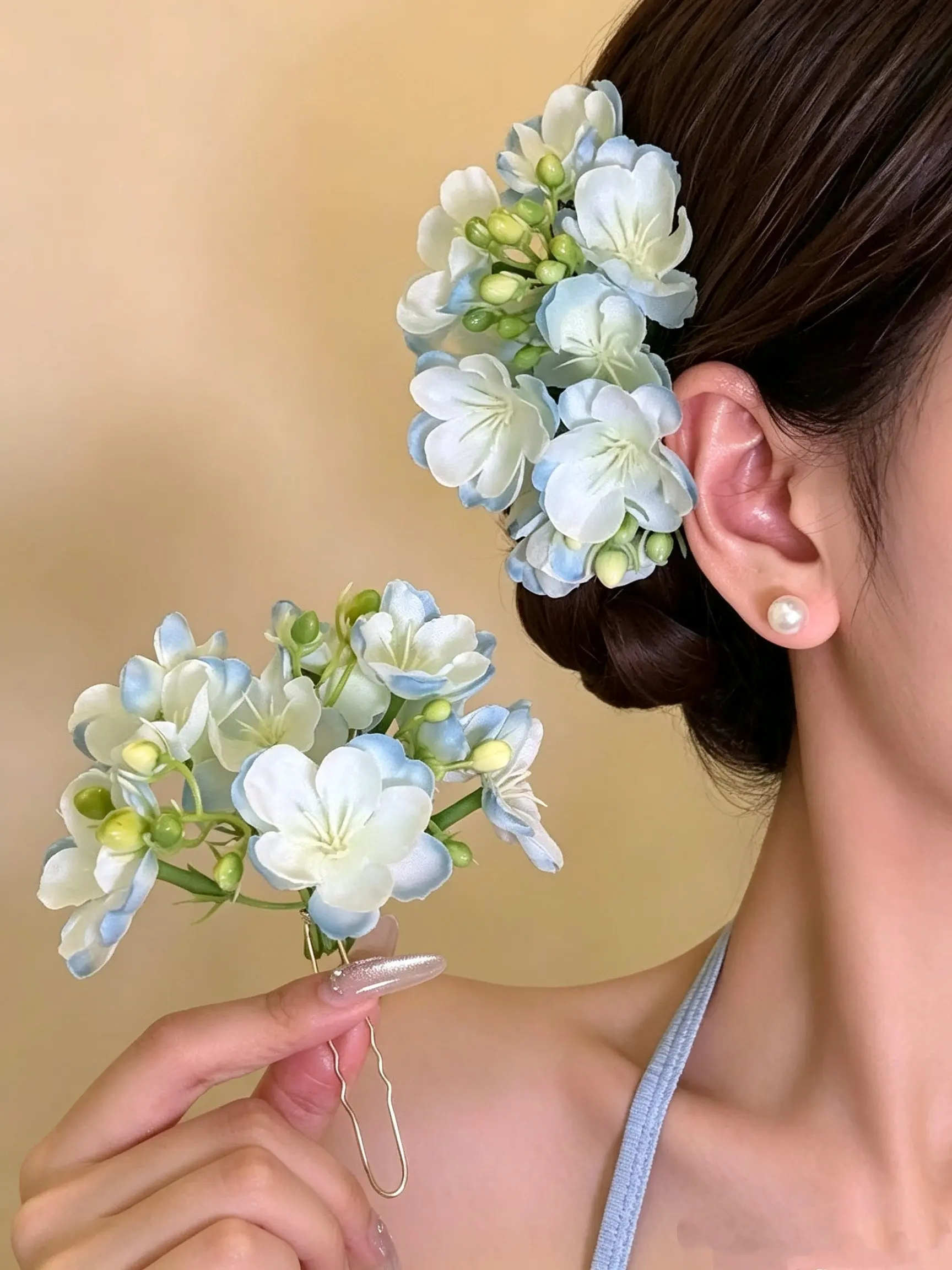 Neo-Chinese Style, White Flower Hairpin, Ancient-Style Hair Ornament, Engagement Headpiece, Hair Accessory, Hair Clasp, Seaside Vacation Style, Side Clip, Artificial Jasmine Hairpin