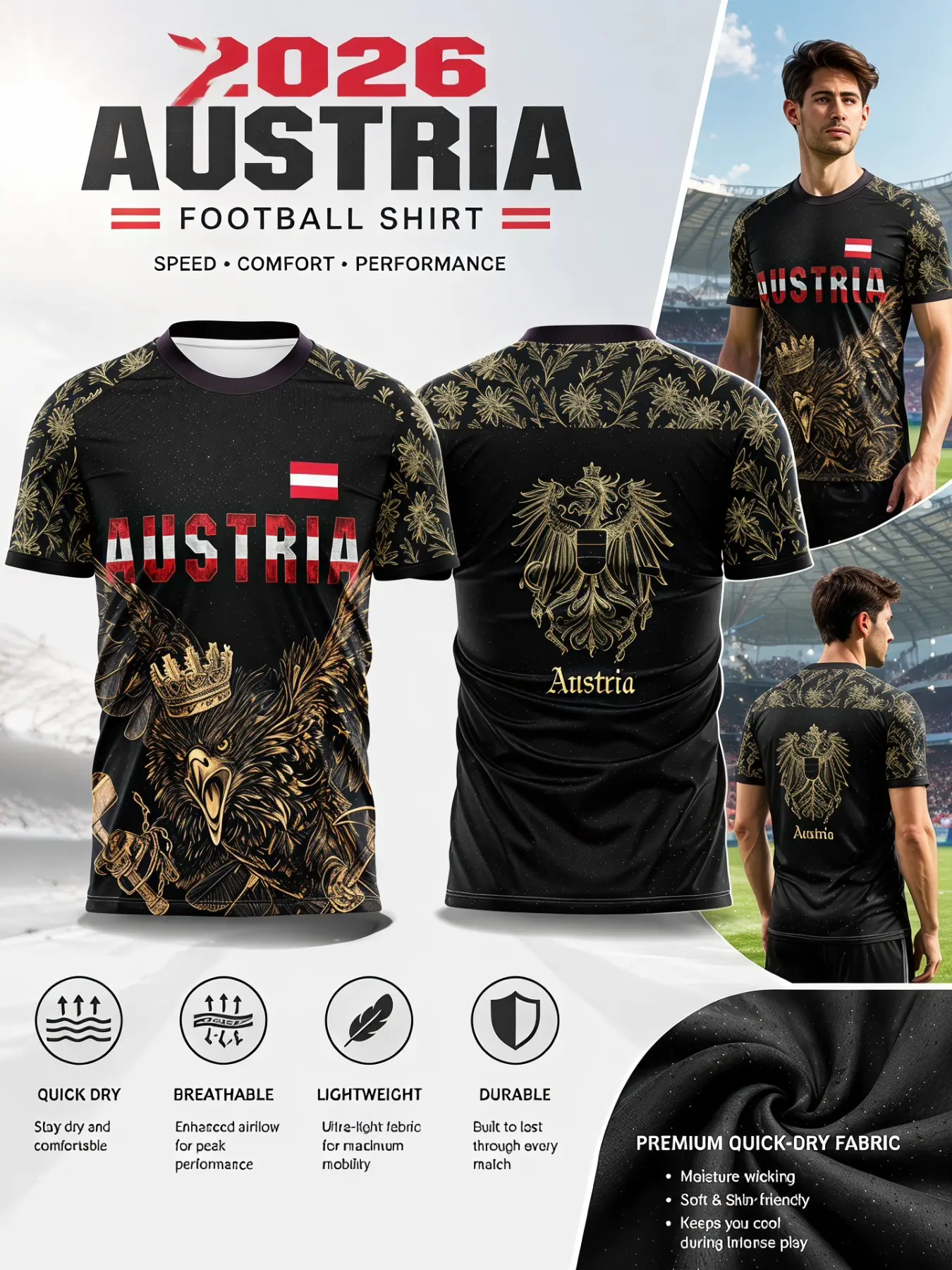 2026 Austria Soccer Jersey, Mesh Gold Eagle Floral Print, Quick-Dry Breathable Sportswear, Durable Training T-Shirt for Fans