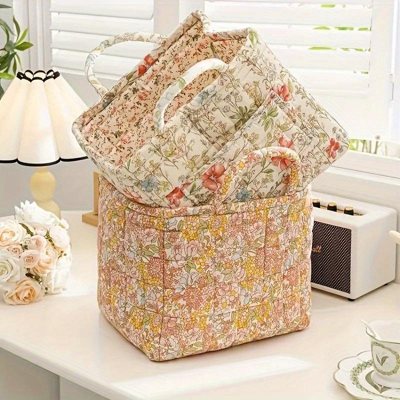 Charming Floral Fabric Storage Bins with Handles- Desktop Storage Basket, Travel Folding Organizer, Portable, Multi-Compartment Organizer for Clothes, Underwear& Accessories- Ideal for Bedroom or Bathroom Decor, Laundry Baskets